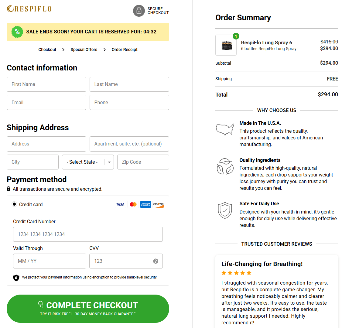 RespiFlo secure checkout page